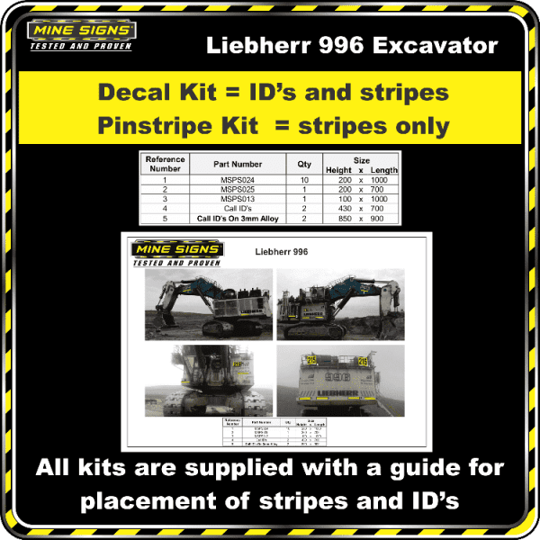 Mine Signs Spec Kit -Liebherr 996 decal kit pinstripe kit
