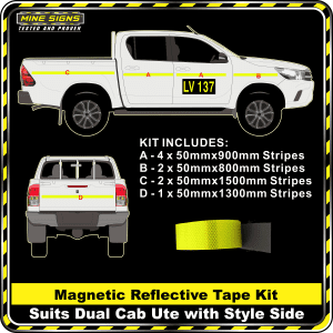 Kit To Suit Dual Cab Ute - Style Side 3M Fluoro Yellow Green Diamond Grade Class 1 Magnetic Reflective 50mmkit to suit dual cab 3m fluoro yellow green fyg diamond grade class 1 magnetic reflective tape 50mm
